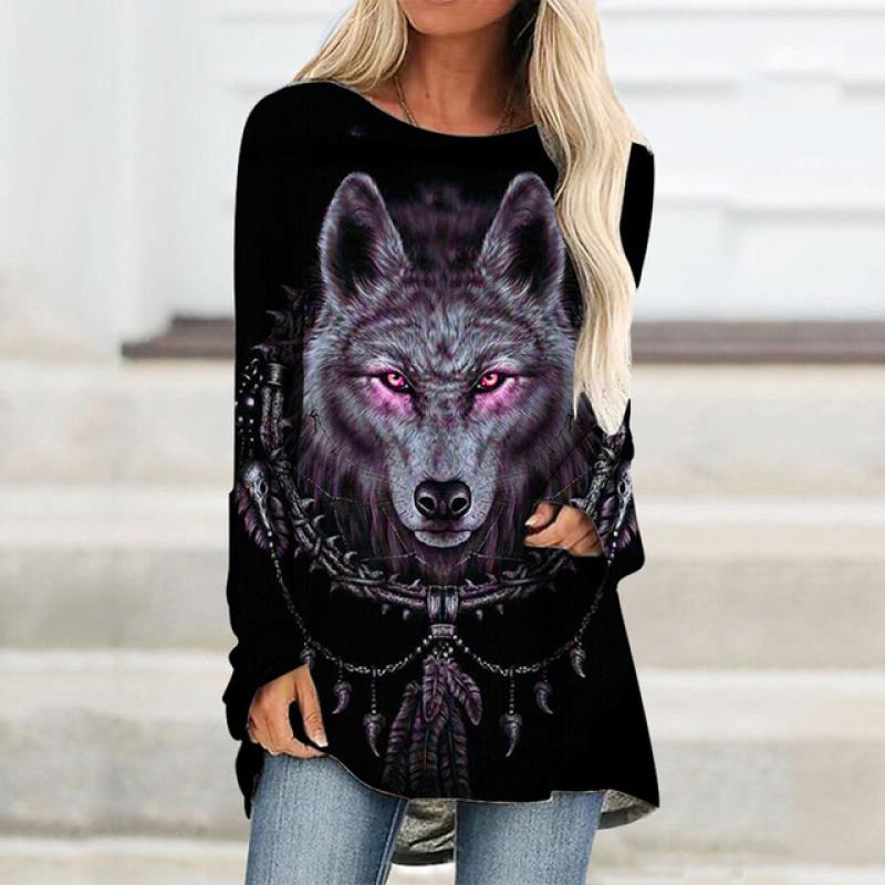 

Женская футболка с длинными рукавами и изображением волка для женщин и девочек, осенне-зимняя одежда, футболка оверсайз с 3D принтом, футболки с круглым вырезом 3XL
