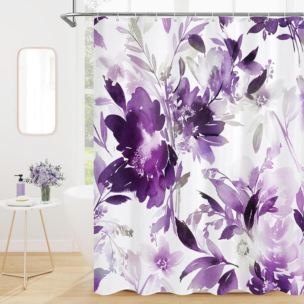 Blue Watercolor Floral Shower Curtain, Botanical Plant Leaves Design, Waterproof Fabric Set With Hooks