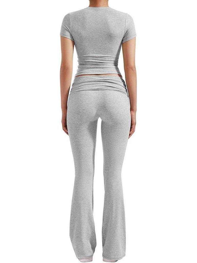 Women's Casual Workout Two-piece Set - Round Neck T-shirt & Low-waisted Flared Pants
