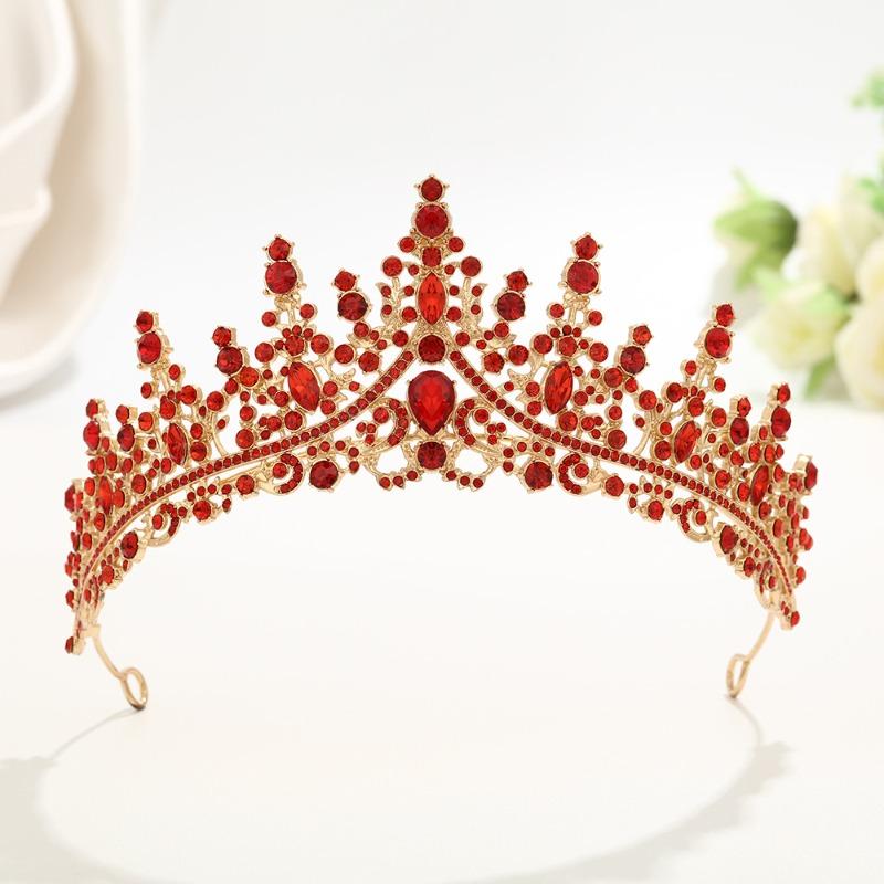 Baroque red diamond bridal crown, golden rhinestone crown, wedding toast dress headgear