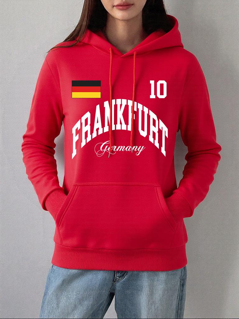 Frankfurt Deutschland Flagge Druck Hoodies Damen Bequeme Lockere Pullover Fleece Warm Weiche Sweatshirts Lässige Taschen Kleidung