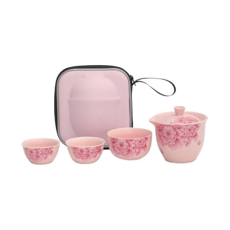 Guochao Style Peony Color Portable Travel Tea Set Dingyao Pink Ladies Express Cup Outdoor Camping Dry Brewing Tea Set