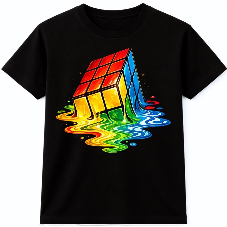 Retro Melting Puzzle Cube Graphic T-Shirt 80s Rainbow Drip Tee S разноцветный