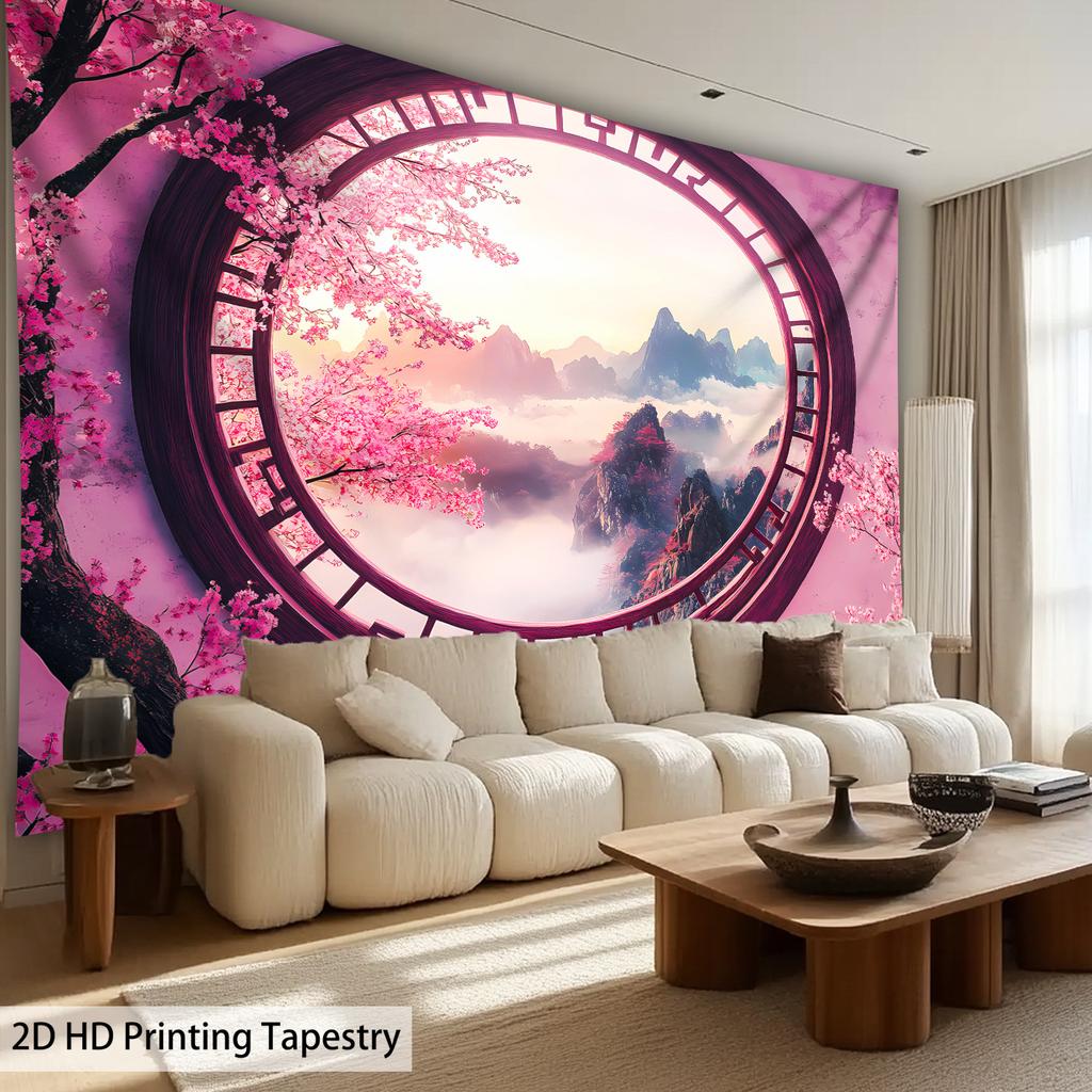 Cherry Blossom Mountain Scenery Digital Printing Polyester Wall Tapestry Suitable for Use In Living Rooms Offices Bars and Party