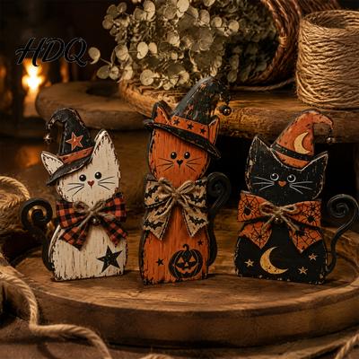Harvest Celebration Mantel Decor Rustic Wooden Cat Ornament Vintage Halloween/Flower Wood Tabletop Signs Decorative Figurines for Fall Distressed