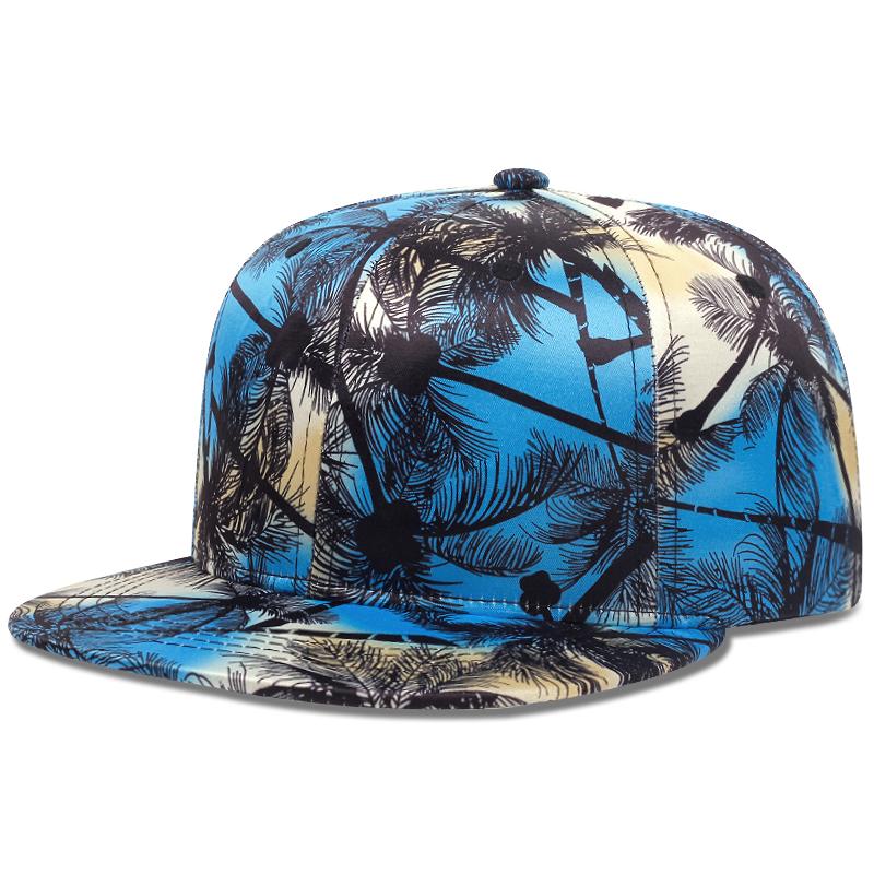 Men's Fashion Hip Hop Blue Coconut Tree Hat Brim Adjustable Baseball Hat Straight Buckle Snapback Cap Outdoor Sun Hat