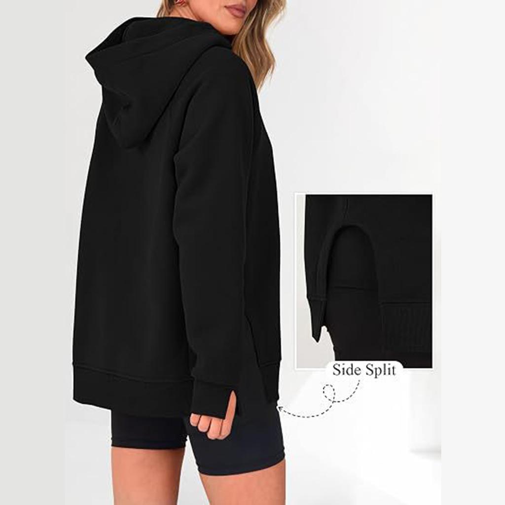Women's Casual Longline Hooded Pullover with Drop Shoulder and Side Slit - Loose Fit Sweatshirt