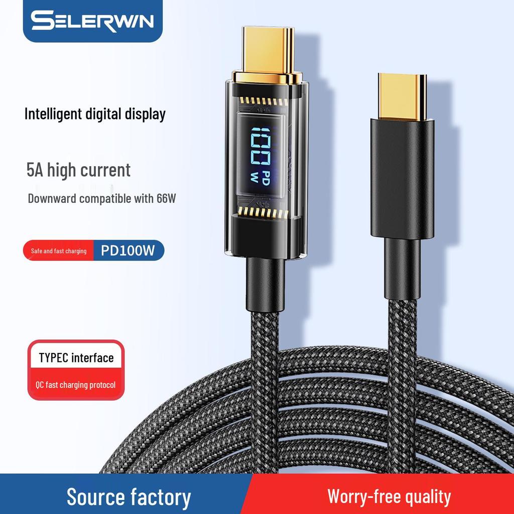 100W Transparent Digital Display Fast Charging Cable, 30W for Apple 14, 66W Type-C Universal Charger