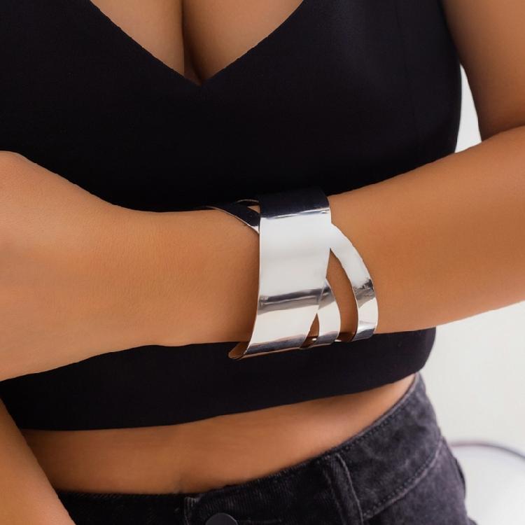 Modern Punk Bracelet Metal Bangles Geometric Arm Bracelet Wide Wrist Jewelry Metal Texture Present for Women and Girls