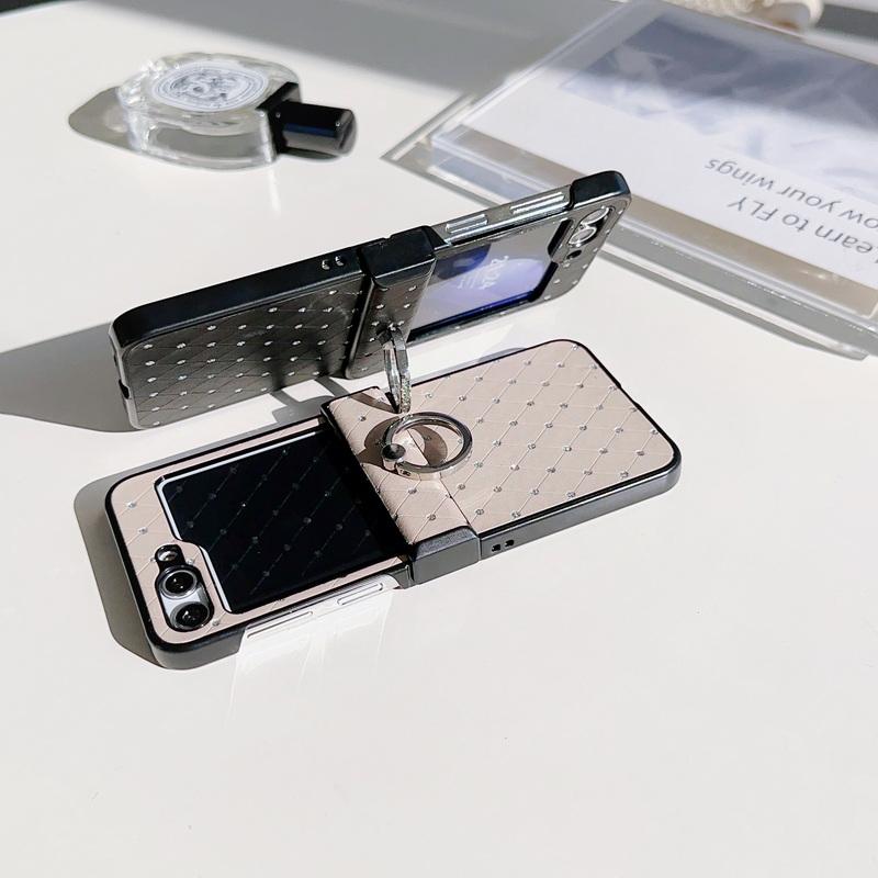 Luxury Leather 3pcs Folding Case For Samsung Galaxy Z Flip6 Flip5 Flip4 Flip3 Diamond Shockproof PC Ring Holder 3pcs Folding Cover