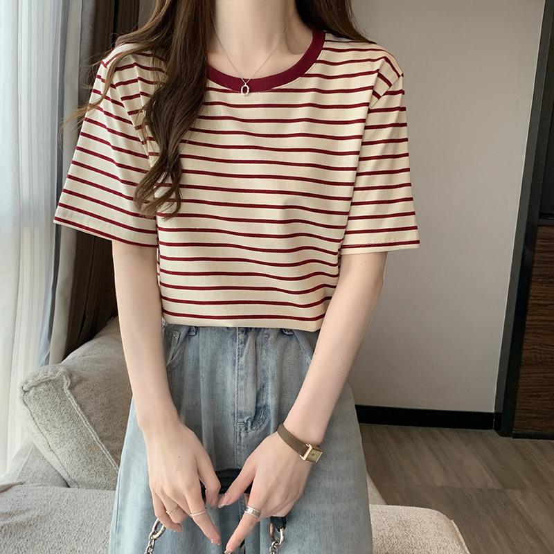 Red striped shoulder short-sleeved t-shirt summer round neck loose and thin casual half-sleeved top