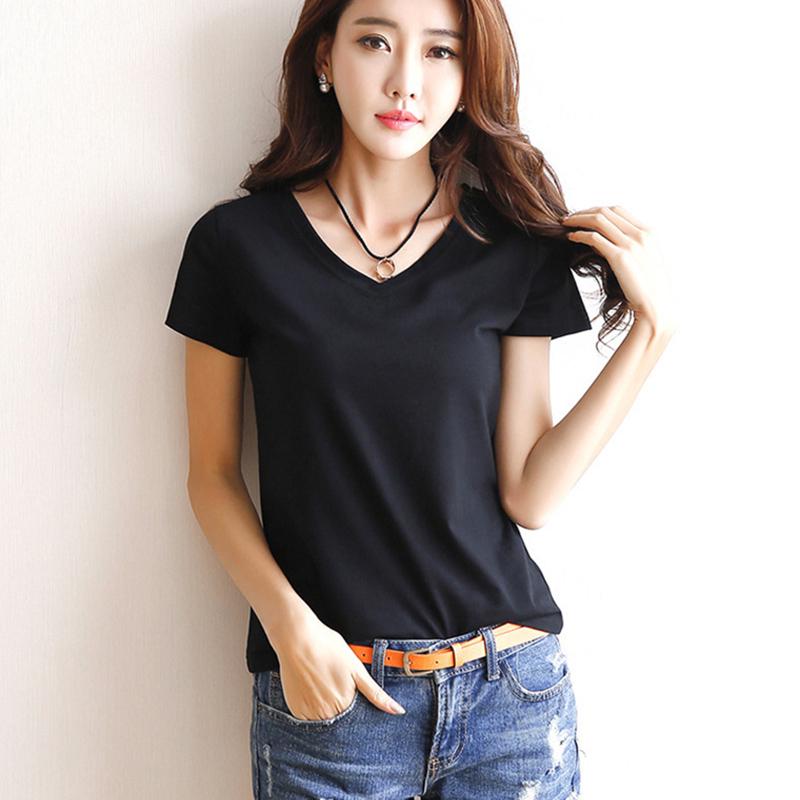 Short T-shirt Summer Women's Short-sleeved Round Neck V-neck Casual Shirt Shirt Solid Color Blouse Black/white