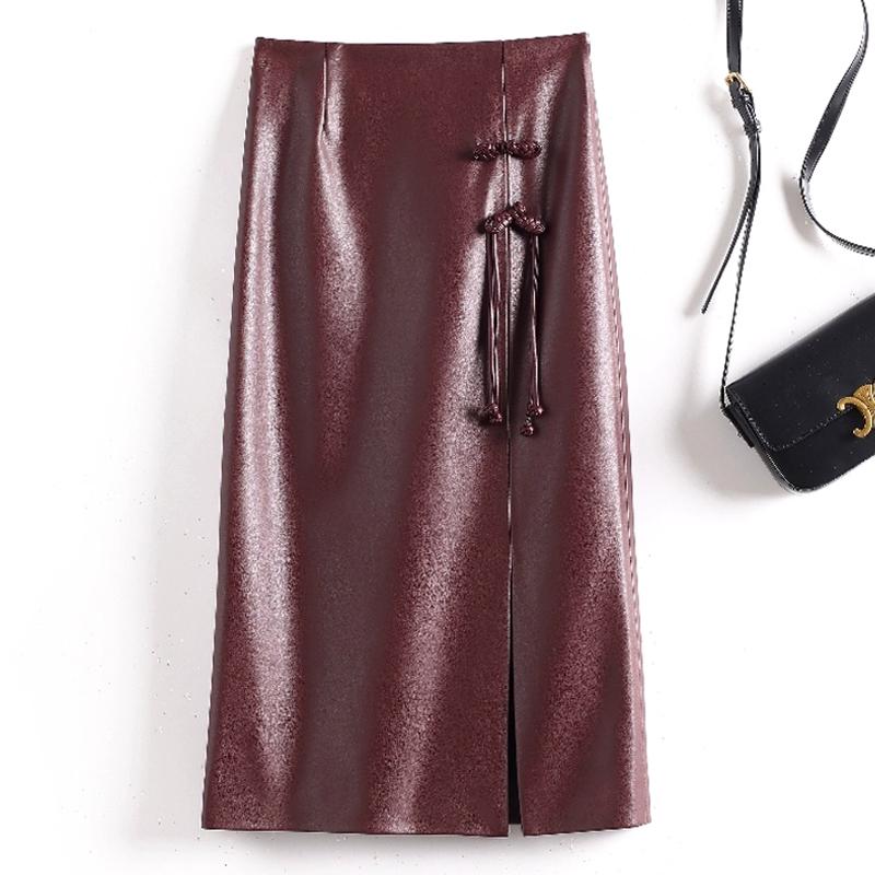 Women's Retro High-Waist Leather Pencil Skirt with Frog Buttons