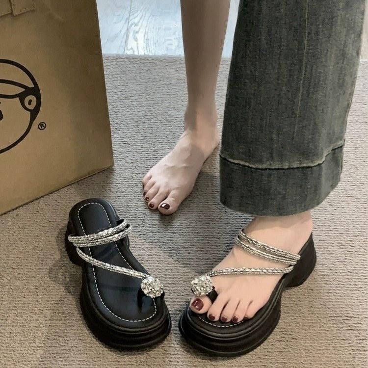 Fashion French toed Slippers Summer New Outdoor Shoes Fashion pearl slippers Thick soled open toed Flip-flops sandals Zapatos Mujer