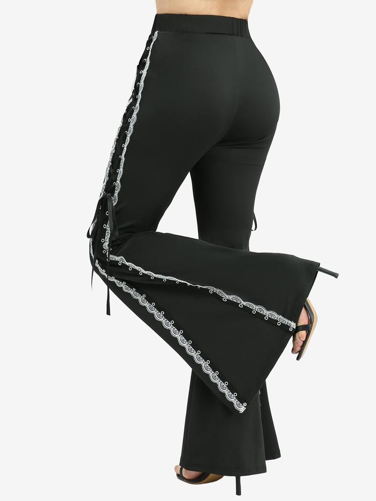 Rosegal Plus Size Lace Up Lace-trim Grommet Side Two Tone Flare Pants