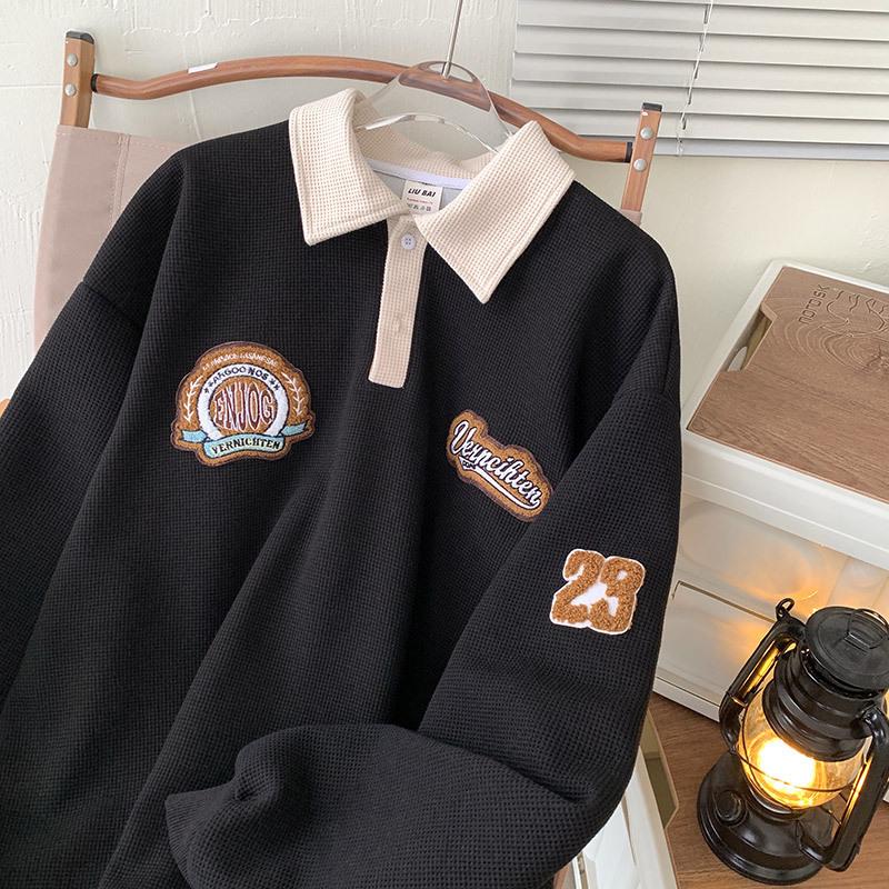 

Men s Retro Embroidered Lapel Waffle Polo Sweatshirt - Trendy Long-Sleeve Jacket for Spring & Autumn L чорний