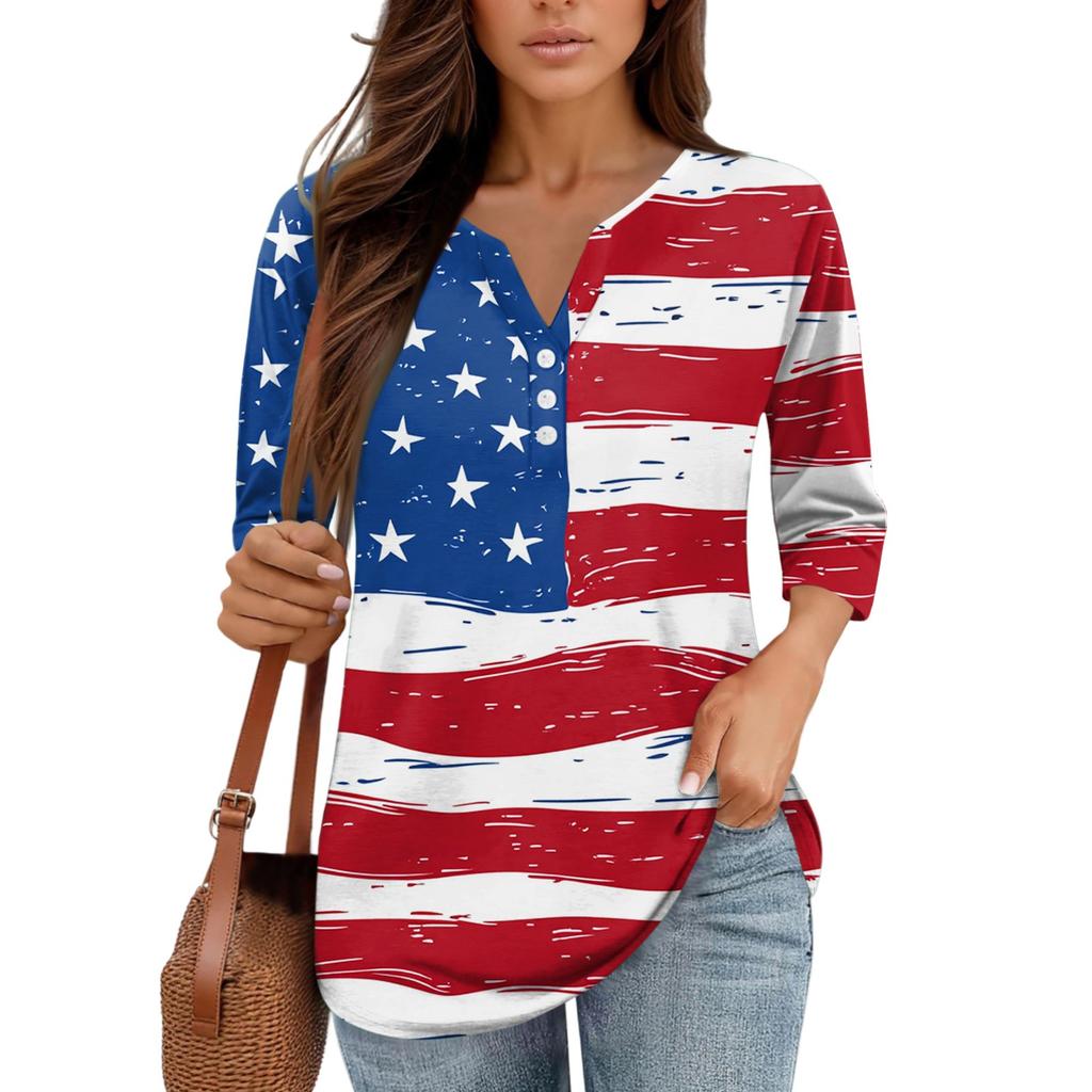 3/4 Length Sleeve Womens Tops Print Vintage Fashion Casual Loose With V Neck Plus Size Shirts Independence Day
