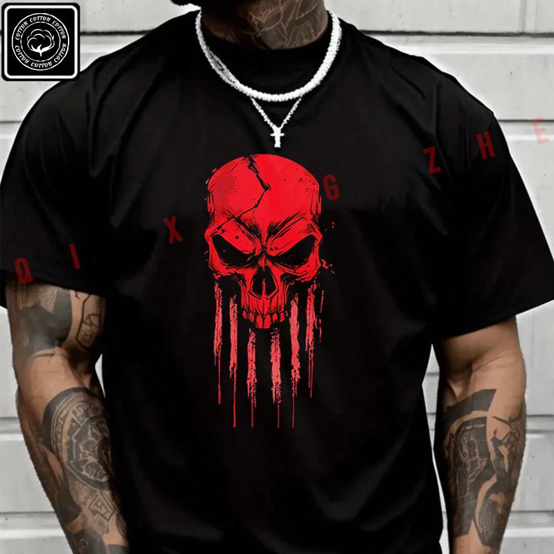 Men T Shirt Red Skull Funny Graphic Moto T-Shirt Cotton Men‘s Summer Short Sleeve Tops Tee