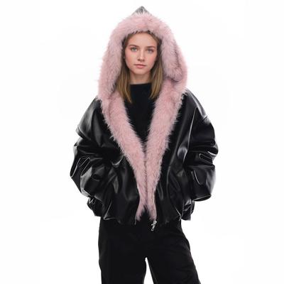 Dámská bunda s kapucí z umělé kůže s kožíškem Zimní teplá volná PU bunda Streetwear