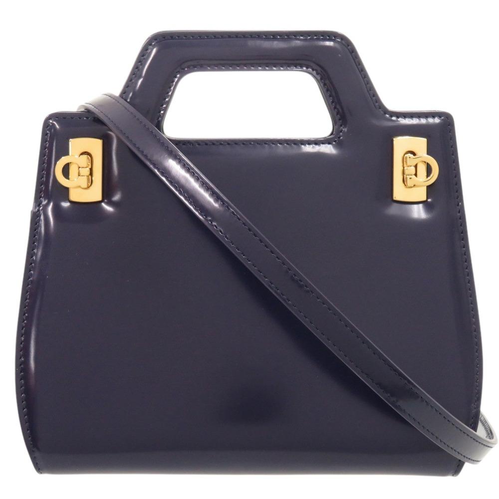 Used AUTHENTIC Salvatore Ferragamo 213485 Gancini Wanda Mini Hand Bag blue Leather