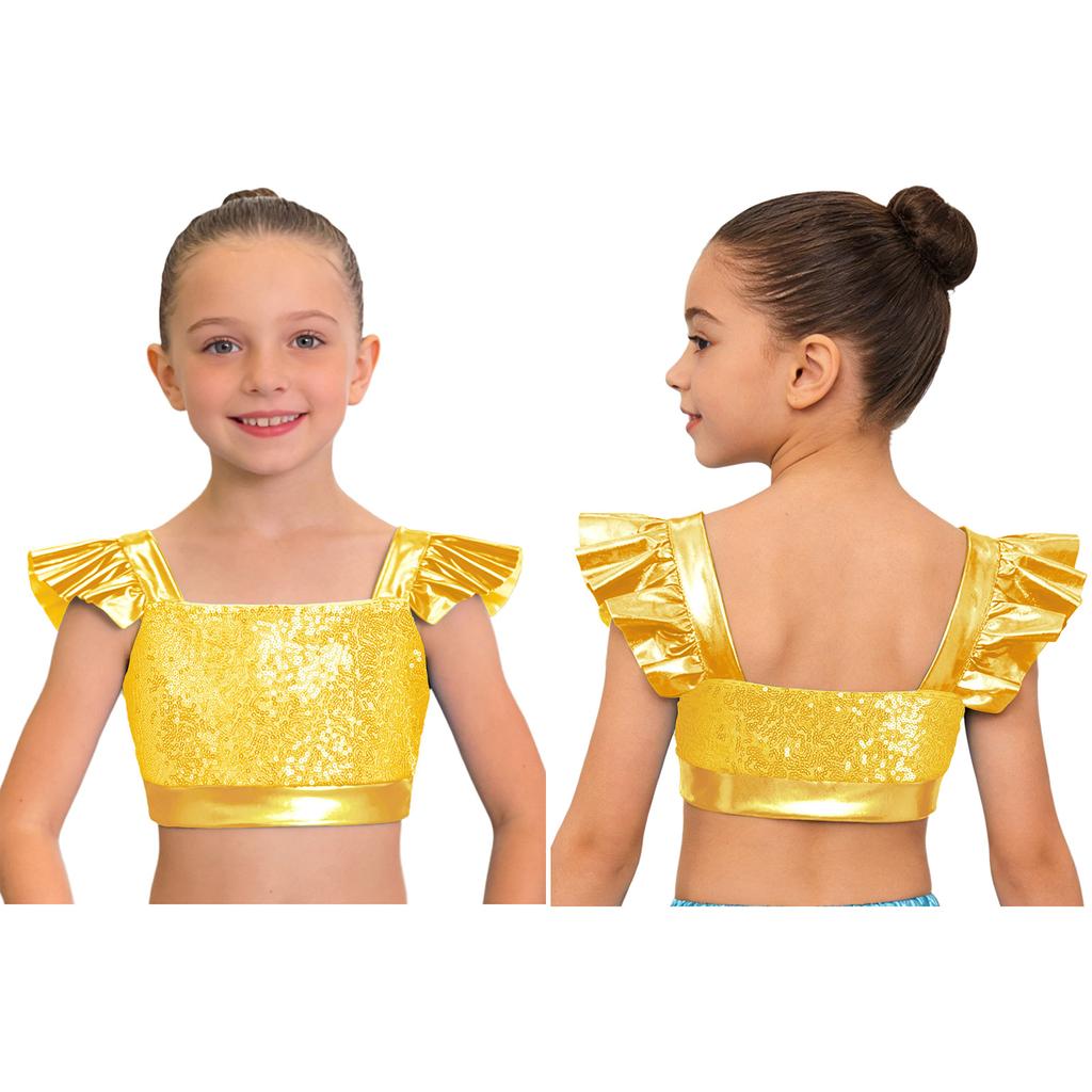 Dětské dívčí topy na jazzový tanec Čtvercový výstřih Volánkové rukávy Třpytivý flitrovaný metalický crop top