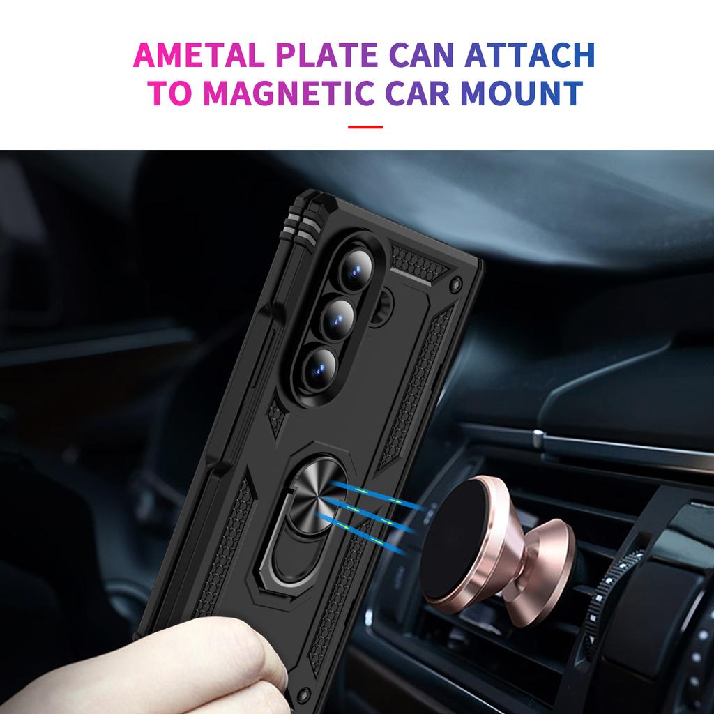 Black Fashion Metal Ring Stand Hard Case for Samsung Galaxy Z Fold7 5G Fold6 Fold 7 Fold5 Fold 5 6 Dual Layer Cases