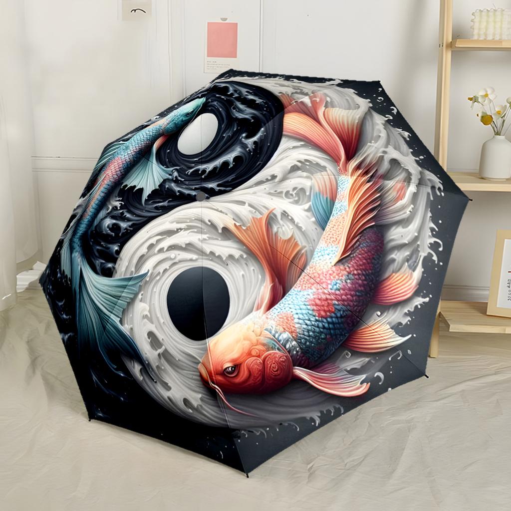 Yin-Yang Fisch Harmonie Outdoor Automatischer Regenschirm Faltbarer Schirm mit 8 Speichen Stabile Konstruktion Perfekt für Outdoor-Abenteuer