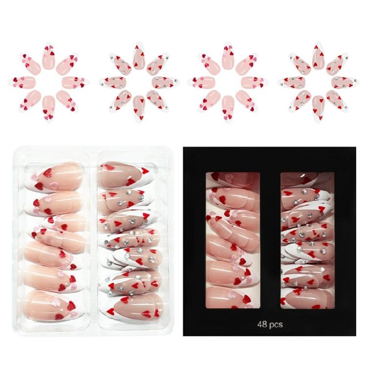 Women's Valentine Special Press On Nail 48Pcs Red Heart Glitters White French Design Multiple Sizes Easy Apply