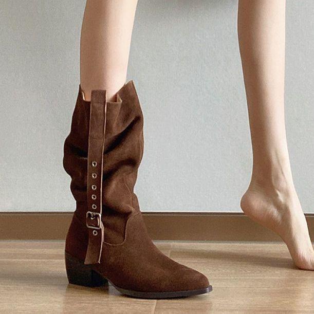 2025 new western cowboy boots women's retro pleated piled boots pointed belt buckle thick heel medium tube knight boots