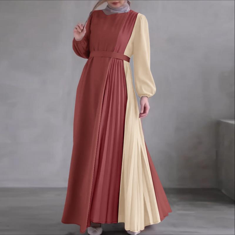 

ZANZEA Мусульманское Повседневное Женское Платье с Круглым Вырезом, Длинным Рукавом, Пэчворк, Длинное 2XL камео розовый