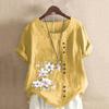 Women Shirt Short Sleeve Round Neck Buttons Decor Loose Breathable Streetwear Gothic Retro Print Summer Top
