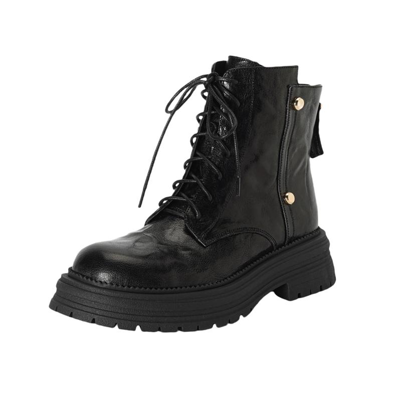 

Модные женские новые осенне-зимние кожаные сапоги из овчины с круглым носком, на толстой подошве, на шнуровке и до середины икры, на среднем каблуке, больших размеров, модные короткие сапоги 255 чёрный