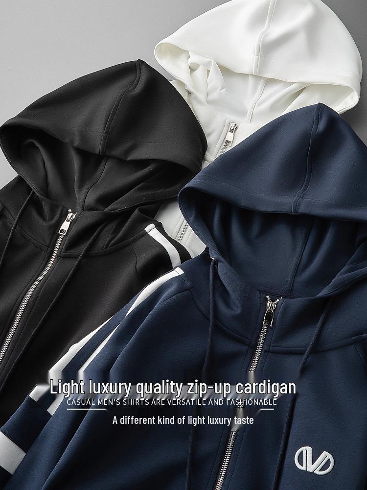 Men's High-End Casual Hooded Sweatshirt - Autumn/Winter Color Block Zipper Jacket with Embroidery
