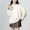 Retro Contrasting Color Crew Neck Sweater Women's Clothing Autumn and Winter New Loose and Lazy Wind Soft Waxy Thickened Pullover Knitted Sweater Top