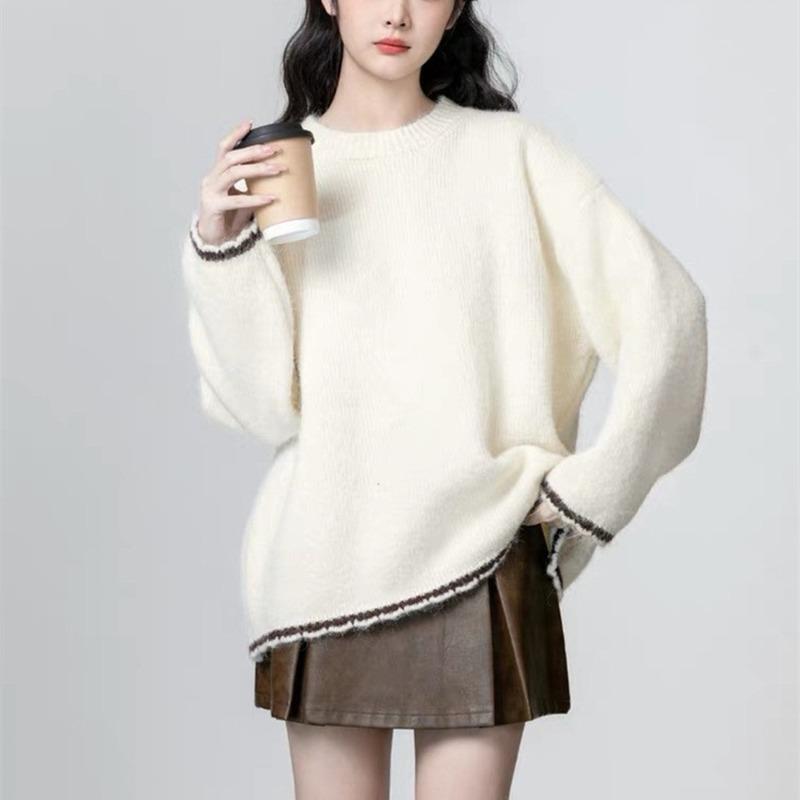 Retro Contrasting Color Crew Neck Sweater Women's Clothing Autumn and Winter New Loose and Lazy Wind Soft Waxy Thickened Pullover Knitted Sweater Top