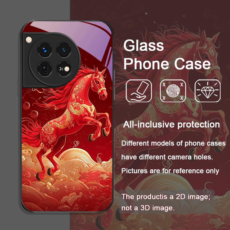 Stylish Chinese-Style Red Horse Print Tempered Glass Phone Case for OnePlus 13R 12 11 10 ACE2 ACE3 Pro Nord2T 4 2 CE3 Lite Cover