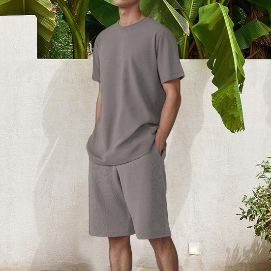 2Pcs/Set Men Sports Suit O-Neck Short Sleeve T-shirt Elastic Waist Wide Leg Shorts Set Solid Color Waffle Fabric Sportswear