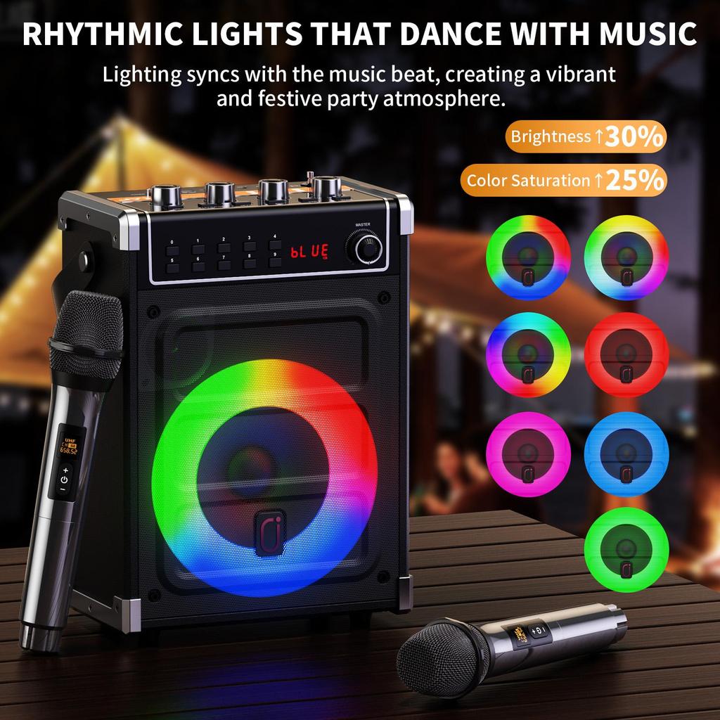 Karaoke Machine, Bluetooth Speaker with Bass/Treble/Echo Adjustment & LED Light, Support USB, SD Card, AUX, TWS, FM, REC