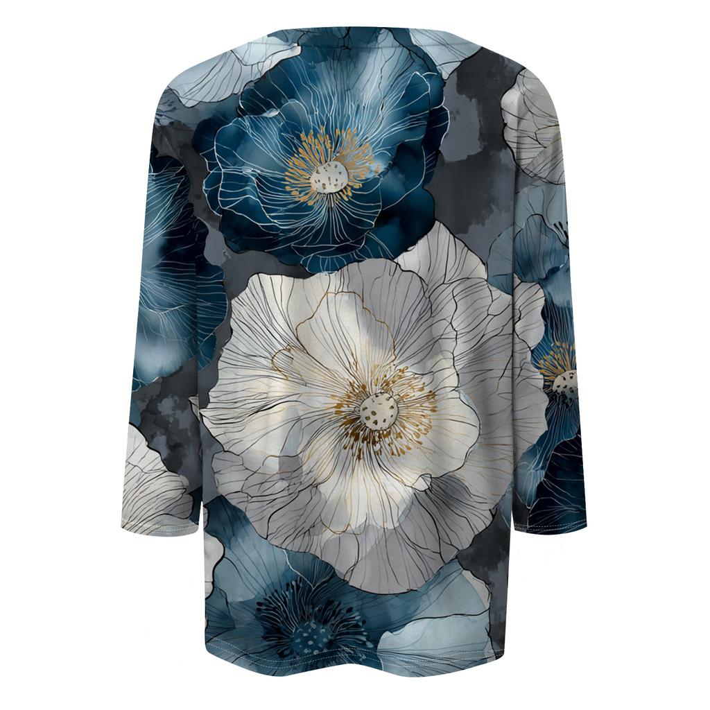 Women's Fashion Casual Round Neck Three-quarter Sleeve Retro Floral Print T-shirt Top
