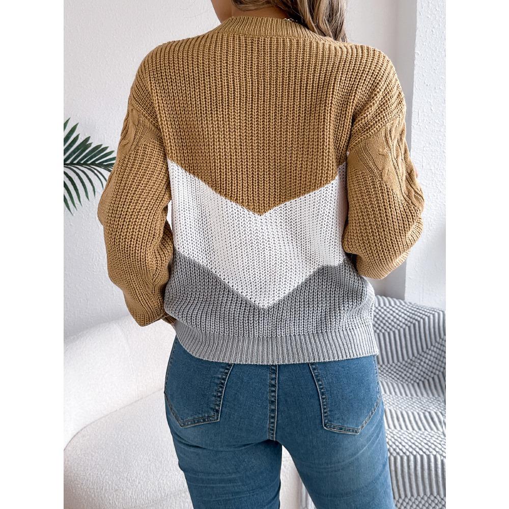 Women's Autumn/Winter Sweatshirt-Style Casual Colour-Block Cable-Knit Bell-Sleeve Pullover Loose-Fit Knitted Top for Ladies