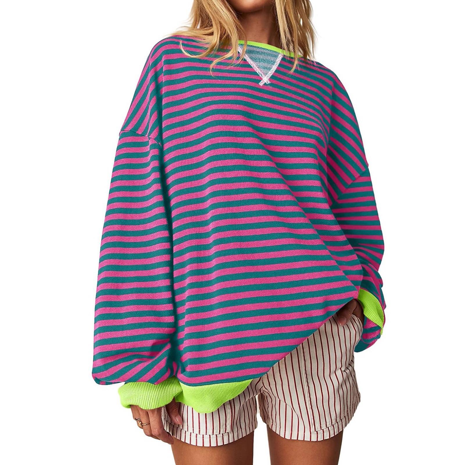 

Женская спортивная рубашка в полоску большого размера с длинными рукавами и круглым вырезом, повседневная свободная рубашка-пуловер, топ S фиолетовый