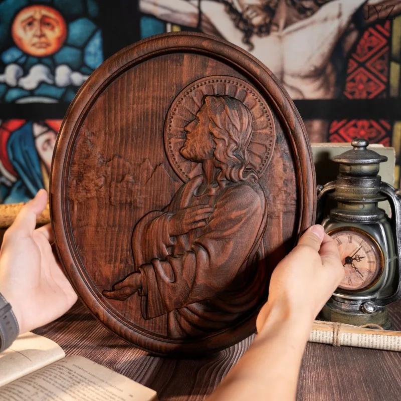 Religious Jesus Praying Oval Wooden Plaque, Catholic Saint Statue, Home Wall Hanging Decor