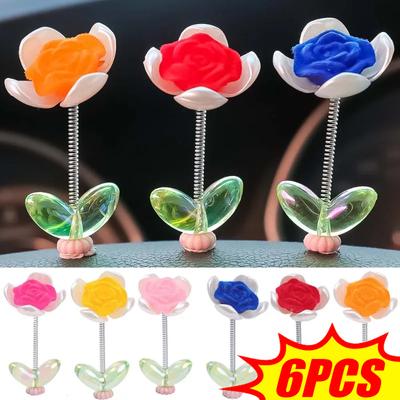 Mini Car Ornaments Car Center Console Spring Shaking Head Rose Decoration Pendant with Double-sided Adhesive Tape Healing Series