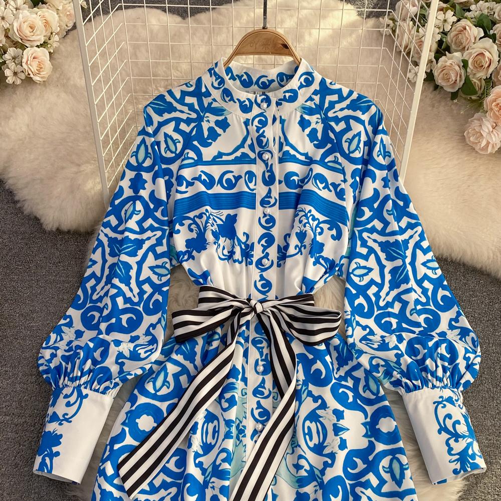 Podzimní móda Bohémský geometrický potisk květin Dlouhé společenské šaty maxi Dámské Popelín Stojánek Límec Lucerna Rukáv Šněrování Šaty na dovolenou