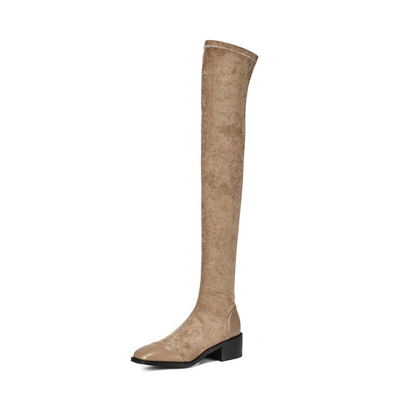 Krazing Pot Flock Autumn Winter Shoes Thick Heels Size 43 Long Boots Apricot Patch Work Stretch Over-the-knee Boots
