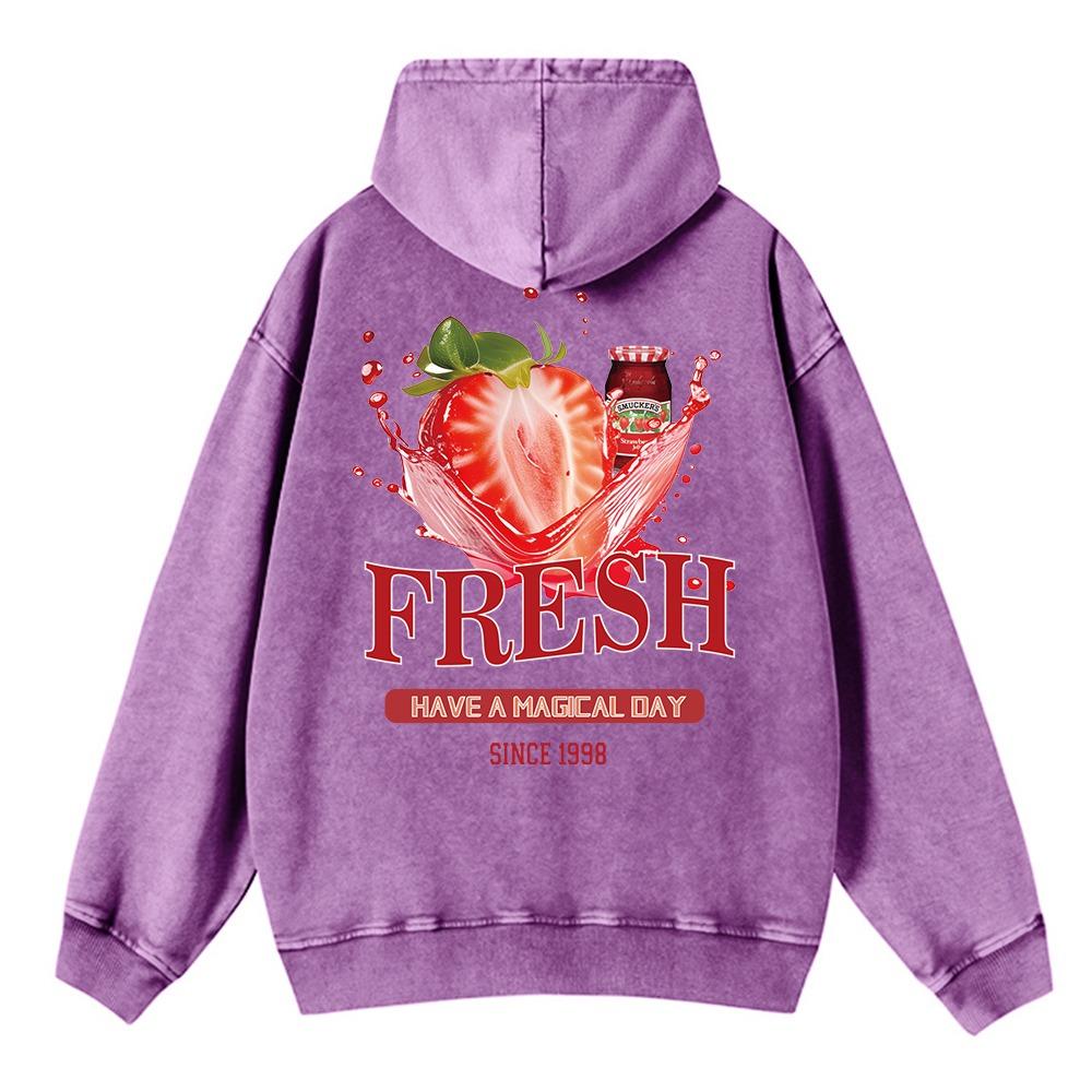 Fashion Womans Washed Hoodie Fresh Strawberriy Printed Streetwears Warm Cotton Oversize Pullovers Couple Clothes