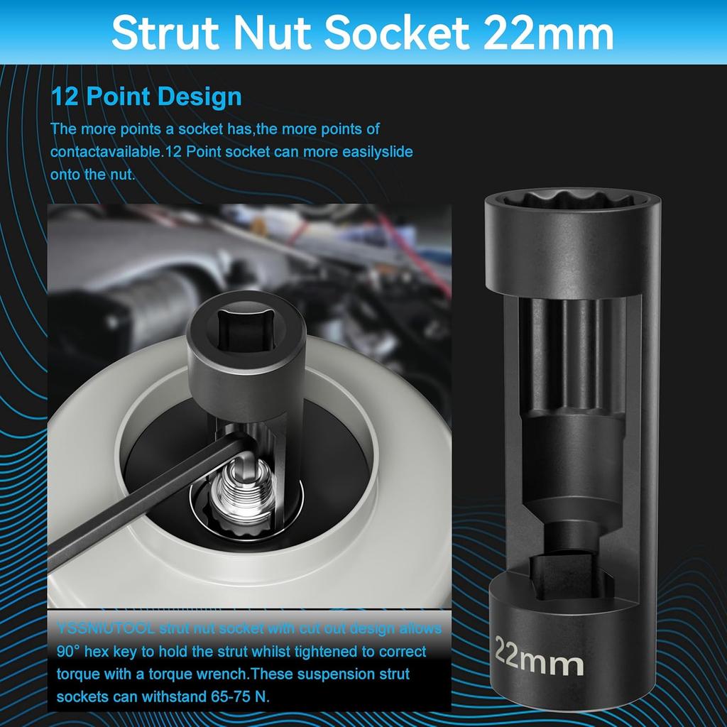 Suspension Socket Tool - 18mm, 19mm, 21mm, 22mm, 24mm Strut Nut Socket with 12 Point 1/2" Drive - Easy Remove Strut Nuts - Vm Number 3353
