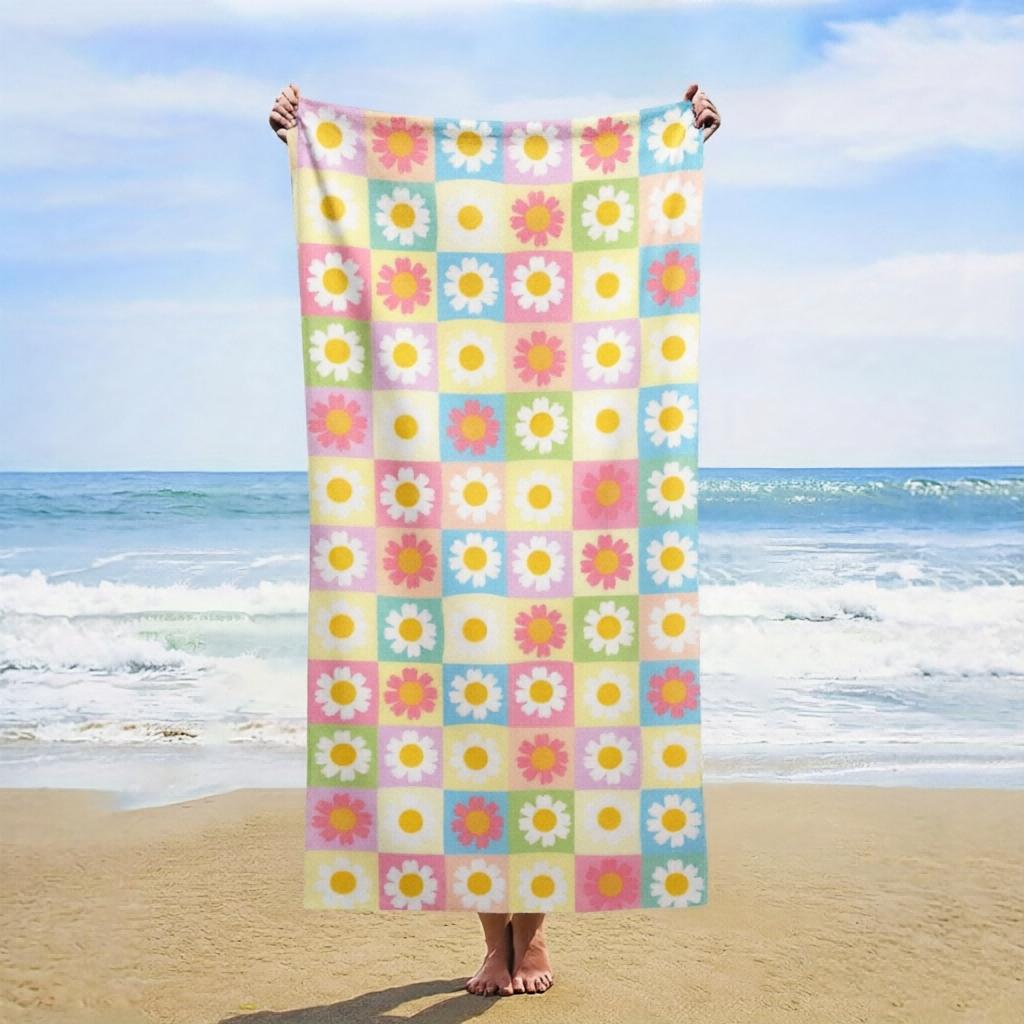 1PC Daisy Print Beach Towel, Durable Machine Washable, Unisex Universal Towel for Daily Summer Outdoor