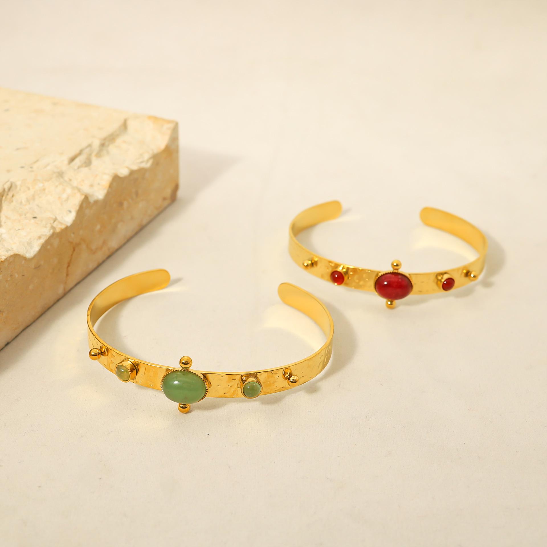 

18k Gold Plated Retro Green Aventurine & Red Stone Open Bracelet for Women