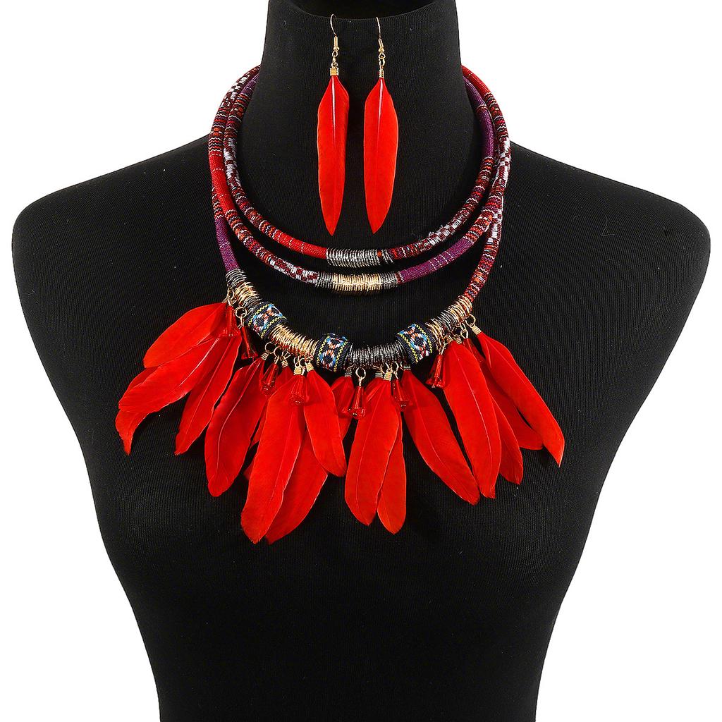 Ethnic Style Retro Exaggerated Fringed Feather Earrings Multi-layer Necklace Hand-woven Rope Jewelry Set Women